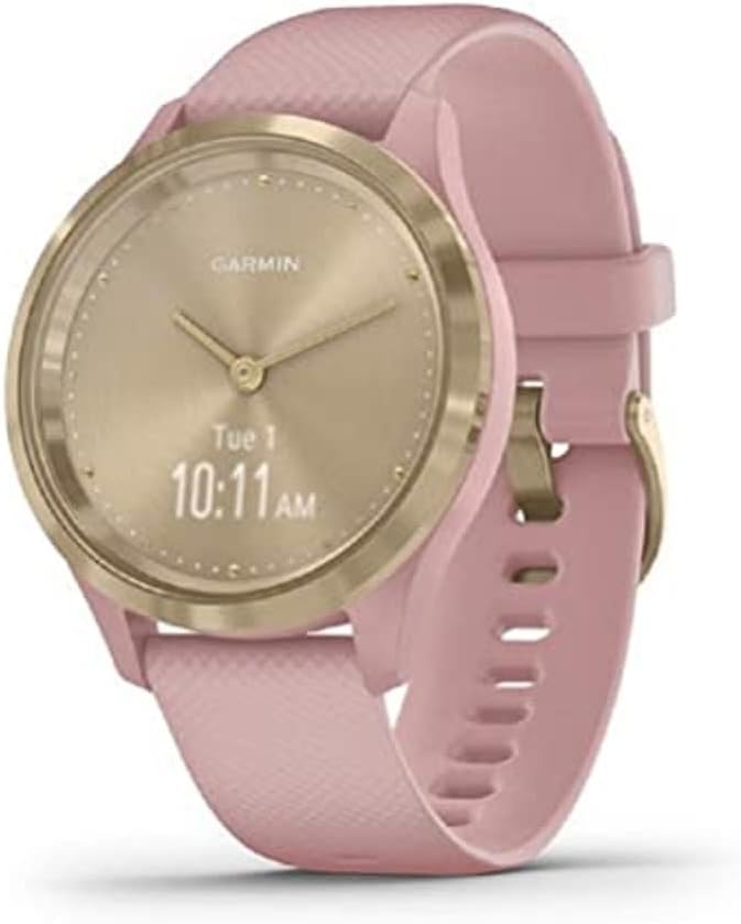 Garmin vivomove 3s, Smaller-Sized Hybrid Smartwatch with Real Watch Hands and Hidden Touchscreen Display, Light Gold with Rose Case and Band