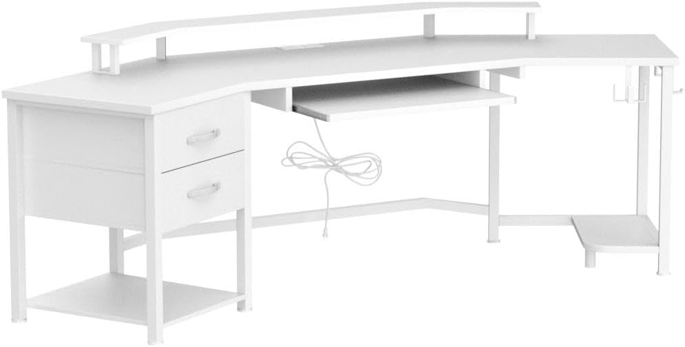 SEDETA 79' Gaming Desk, Computer Desk with 2 Fabric Drawers & LED Light, White Small Desk with Storage for Home Office, Carbon Fiber White