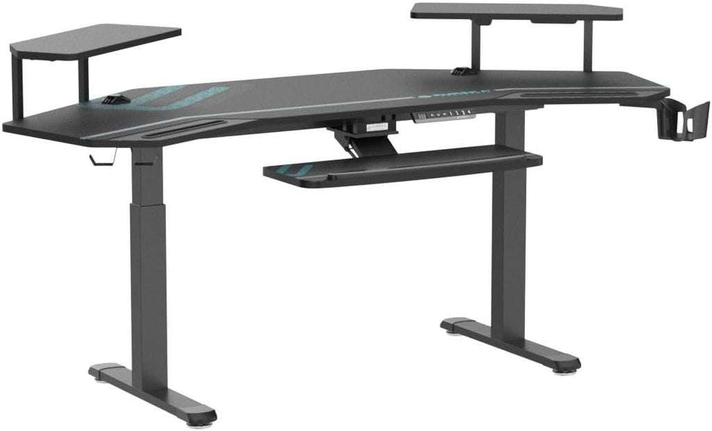 EUREKA ERGONOMIC Gaming Desk, Standing Desk w Keyboard Tray, 72' Wing Shaped Music Studio Table with LED Shelves, Gaming Recording Live Stream, Slot Design