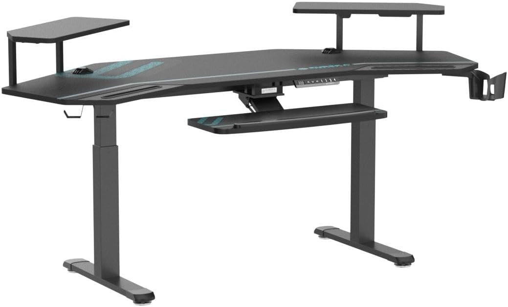 EUREKA ERGONOMIC Gaming Desk, Standing Desk w Keyboard Tray, 72' Wing Shaped Music Studio Table with LED Shelves, Gaming Recording Live Stream, Slot Design