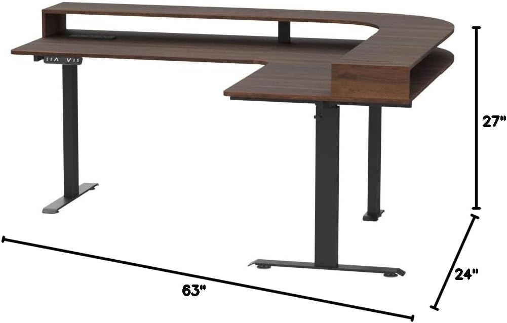 FEZIBO L Shaped Standing Desk with Arc LED & Power Outlet, Exclusive Uprated 3 Motors Support 330LBS, Electric Height Adjustable L Shaped Desk with Large Monitor Stand, for Gaming Office, Black Walnut