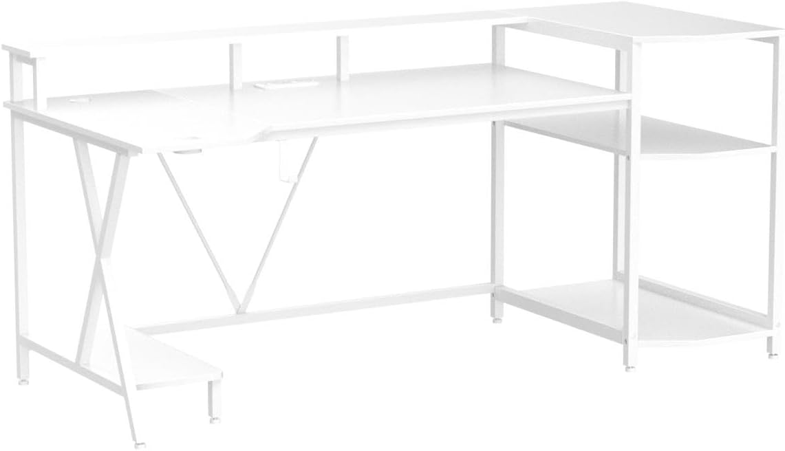 SEDETA White Gaming Desk 70.8'' with LED Lights and Storage Shelves, Computer Desk with Monitor Stand, Power Outlets and Cup Holder, Large PC Gamer Desk, Gaming Table for Bedroom, Living Room