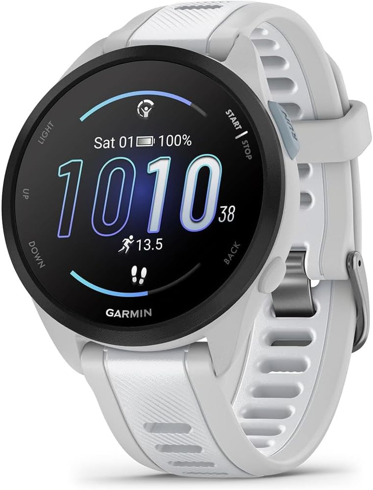 Garmin 010-02863-21 Forerunner 165 Smart Sport Watch, Mist Gray + Whitestone | Official USA Partner Model | Bundle with Deco Essentials 2-Pack Screen Protector + Fitness & Wellness Suite