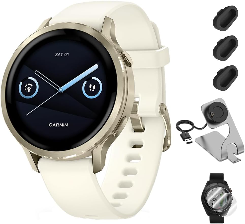 Garmin Venu 4 (41mm) GPS Smartwatch Lunar Gold with Bone Band Bundle w/Deco Essentials Charging Dock, 3-Pack Dust Covers & 2-Pack 1.2' Screen Protectors