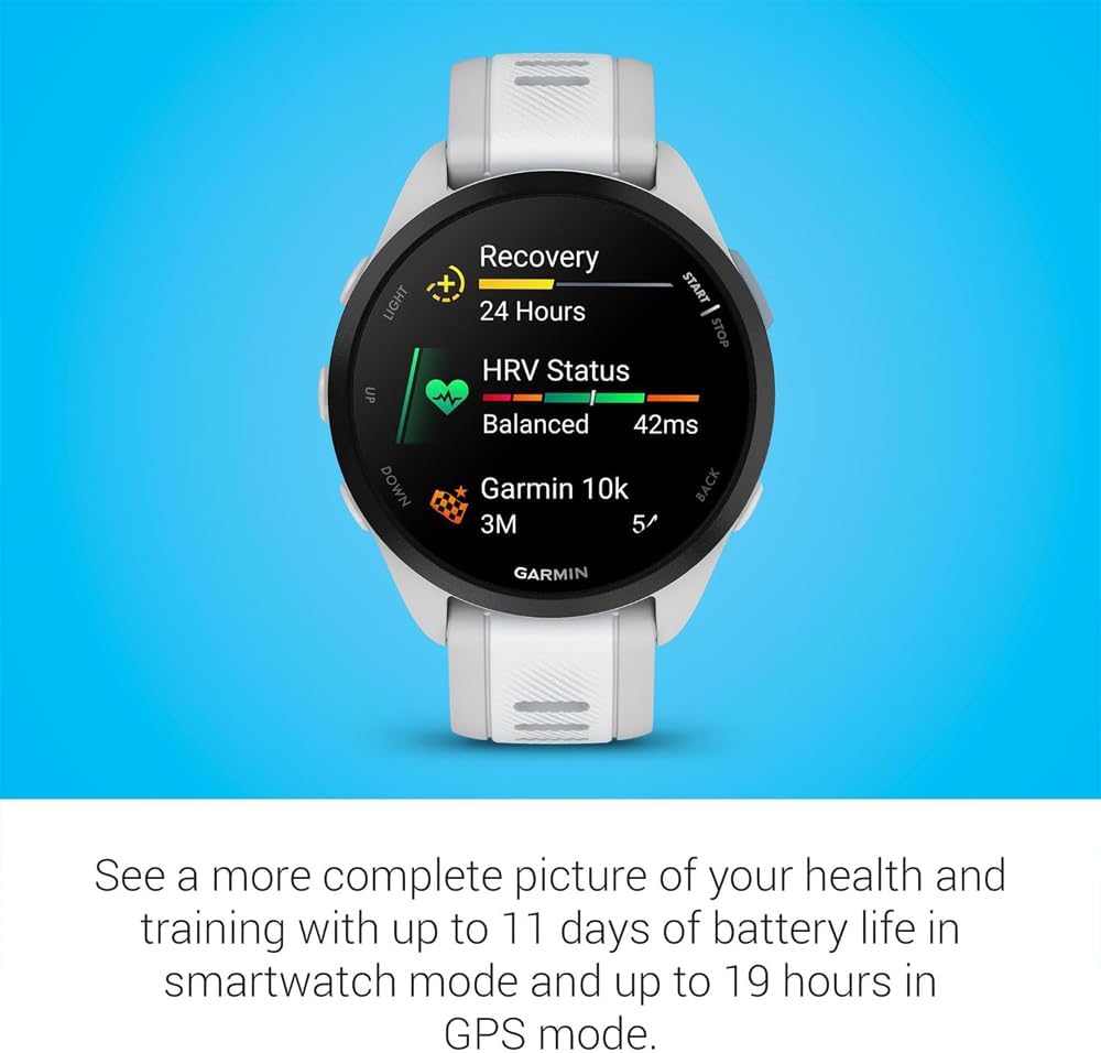 Garmin 010-02863-21 Forerunner 165 Smart Sport Watch, Mist Gray + Whitestone | Official USA Partner Model | Bundle with Deco Essentials 2-Pack Screen Protector + Fitness & Wellness Suite