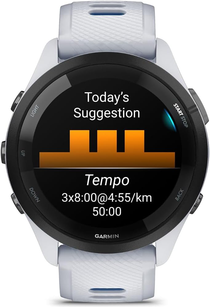 Garmin 010-02810-01 Forerunner 265 GPS Smartwatch Whitestone/Tidal Blue | Official USA Partner Model | Bundle with Deco Essentials Exclusive 26 Month CPS Enhanced Protection Pack
