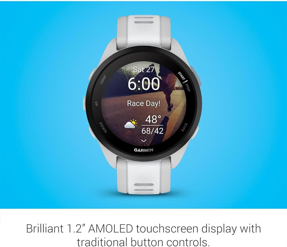 Garmin 010-02863-21 Forerunner 165 Smart Sport Watch, Mist Gray + Whitestone | Official USA Partner Model | Bundle with Deco Essentials 2-Pack Screen Protector + Fitness & Wellness Suite