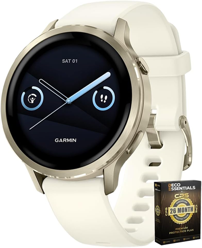 Garmin 010-03013-00 Venu 4, 41mm Health & Fitness GPS Smartwatch, Lunar Gold with Bone Silicone Band Bundle with Deco Essentials Exclusive 26 Month CPS Enhanced Protection Pack