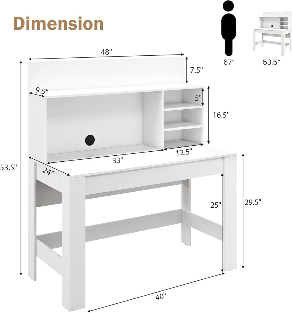 Tangkula 48' Computer Desk with Hutch, Home Office Writing Study Desk with Storage Shelves, Cable Management Hole, Laptop Desk, Desk for Bedroom, Computer Workstation (White)
