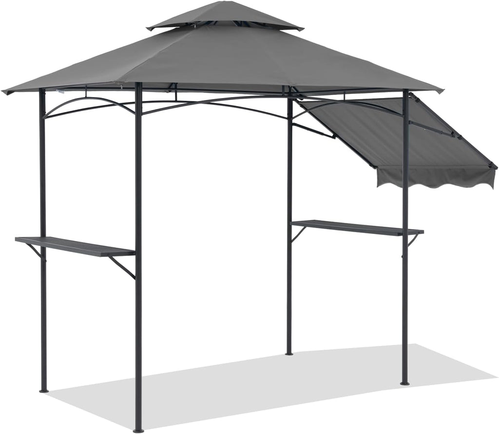 COBANA Grill Gazebo 8'x 5' Outdoor Patio Backyard BBQ Grill Shelter with Side Awning, Double Tiered Soft Canopy Top with Steel Frame and Bar Counters, Gray