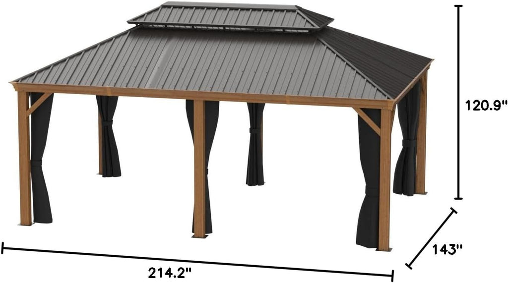 PURPLE LEAF 12' X 18' Outdoor Hardtop Gazebo for Patio Galvanized Steel Double Roof Permanent Canopy Teak Finish Coated Aluminum Frame Pavilion Gazebo with Netting