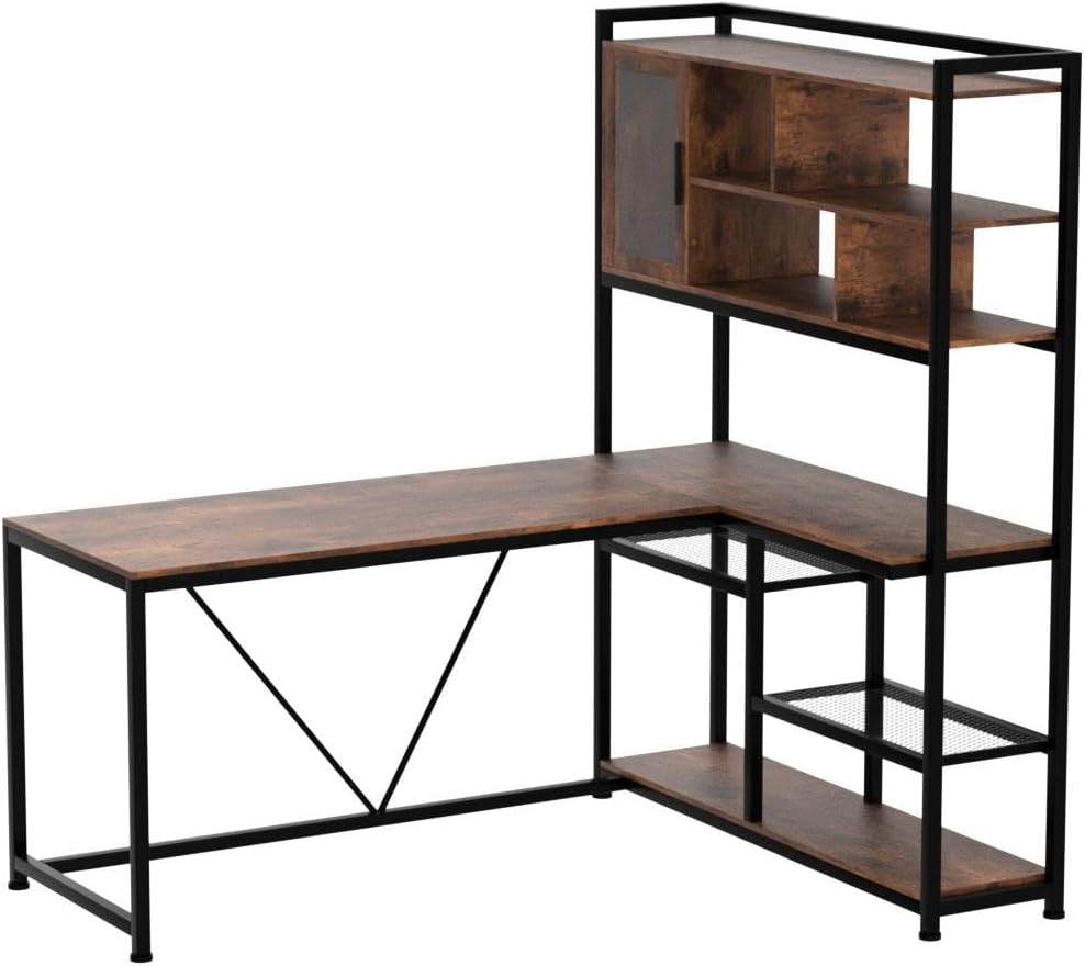SEDETA L Shaped Computer Desk, 58'' Office Desk with LED Light and Bookshelf, L Shaped Corner Desk with Storage Shelves for Home Office, Gaming Desk, L Desk, Rustic Brown