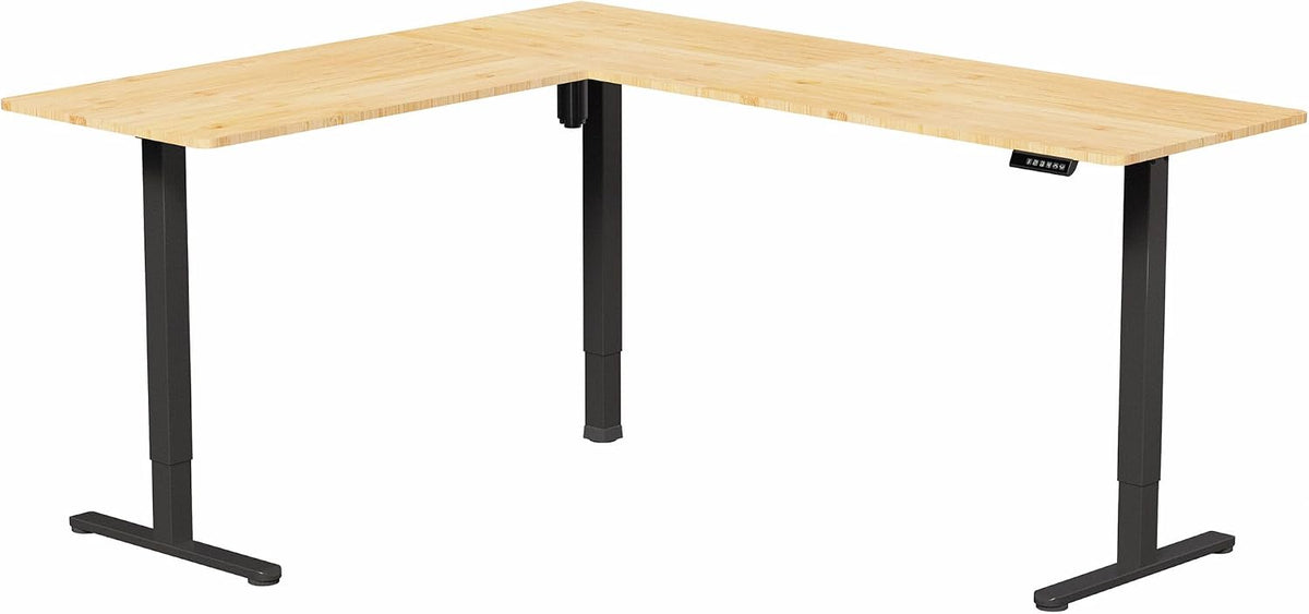 VIVO Corner Standing Desk, 75 x 63 inch Reversible L-Shaped Workstation, Electric Height Adjustment, Home, Office, and Reception Rooms, Real Bamboo Table Top Black Frame, DESK-E3CTBO-75