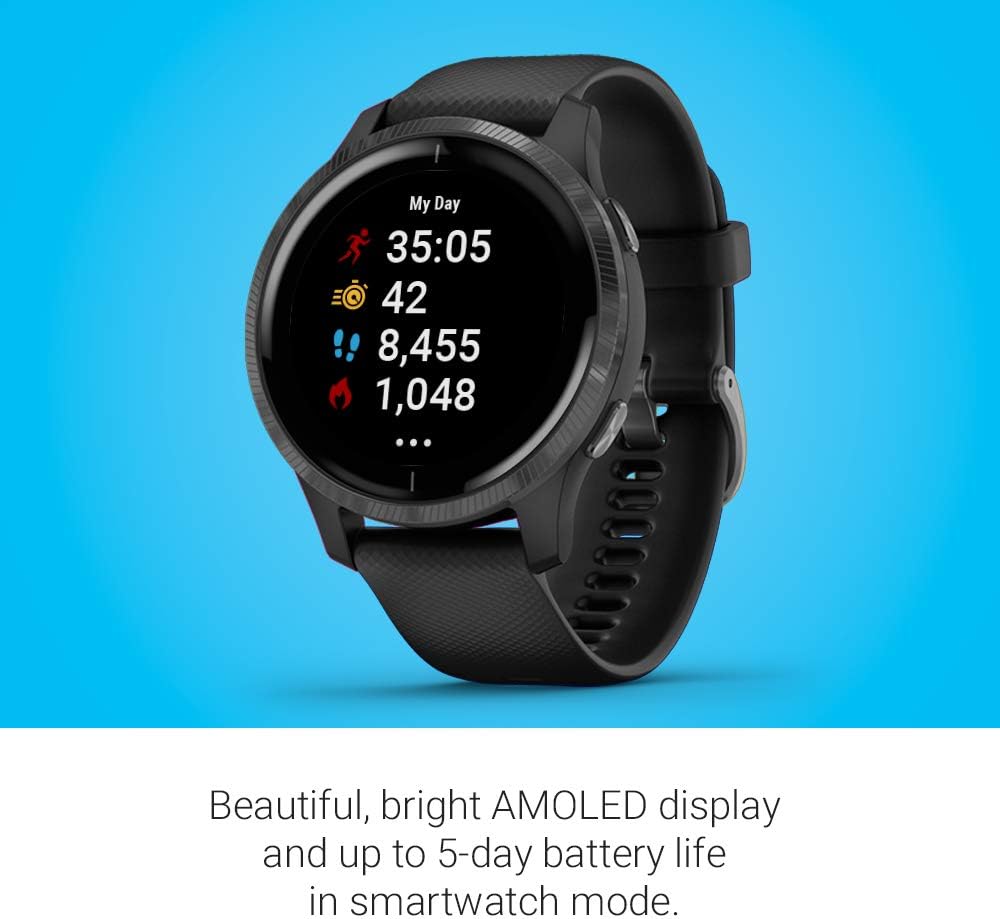 Garmin 010-02173-11 Venu, GPS Smartwatch with Bright Touchscreen Display, Features Music, Body Energy Monitoring, Animated Workouts, Pulse Ox Sensor and More, Black