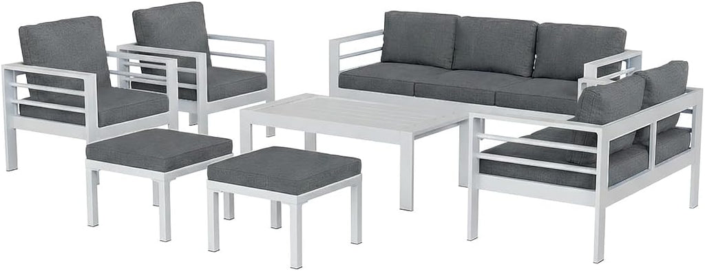 AECOJOY Aluminum Patio Furniture Set, 9 Seats Modern Outdoor Furniture with Coffee Table, 7 Pieces Metal Conversation Sectional Sofa, White Frame/Dark Gray Cushion