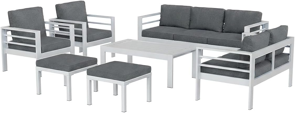 AECOJOY Aluminum Patio Furniture Set, 9 Seats Modern Outdoor Furniture with Coffee Table, 7 Pieces Metal Conversation Sectional Sofa, White Frame/Dark Gray Cushion
