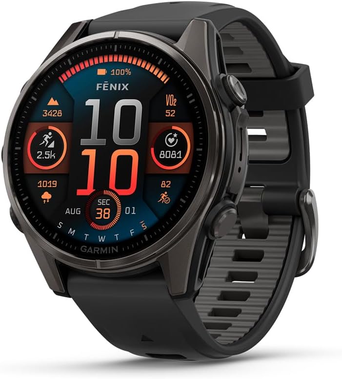 Garmin fēnix® 8 – 43mm, AMOLED, Sapphire, Premium Multisport GPS Smartwatch, Long-Lasting Battery Life, Dive-Rated, Built-in LED Flashlight, Carbon Gray DLC Titanium with Pebble Gray Band