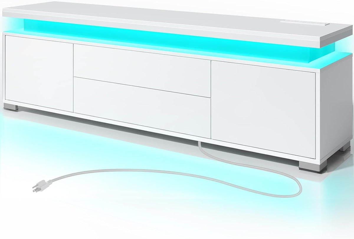 Rolanstar TV Stand with LED Lights & Power Outlet, Modern Entertainment Center for 32/43/50/55/65 Inchs TVs, Table, Universal Gaming Media Stand Storage Cabinet and Large Storage, White