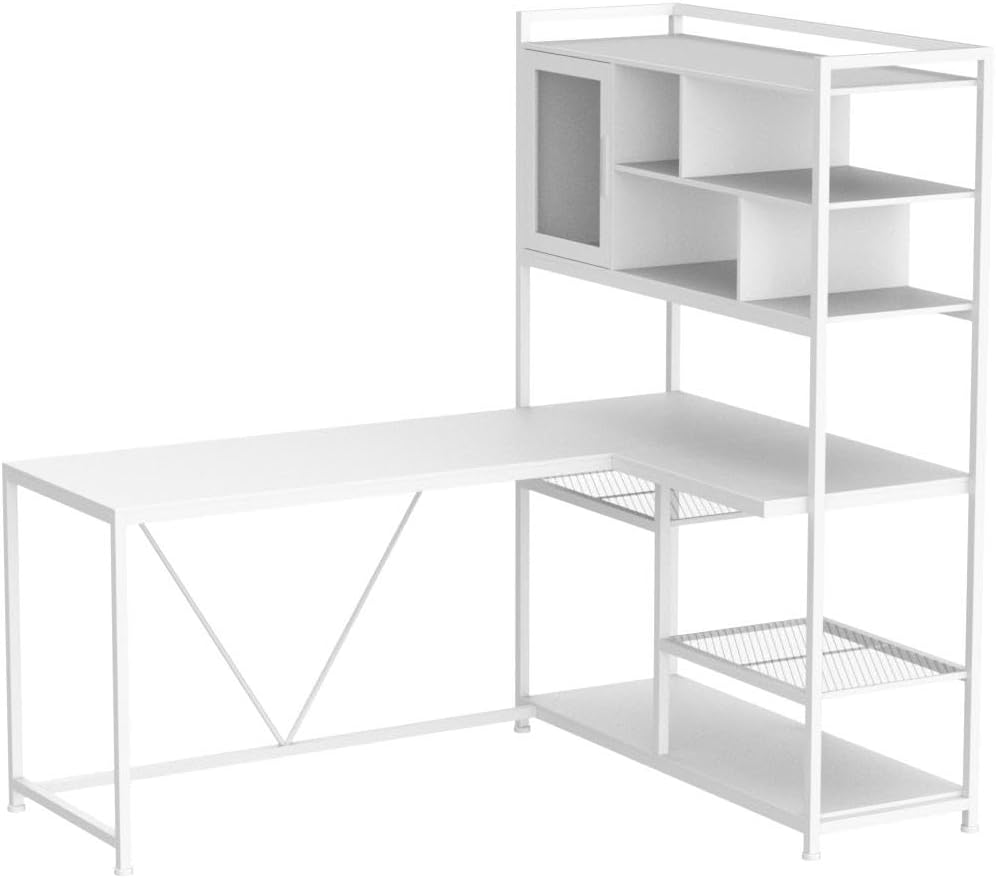 SEDETA L Shaped Computer Desk, 58'' Office Desk with LED Light and Bookshelf, L Shaped Corner Desk with Storage Shelves for Home Office, Gaming Desk, L Desk, White