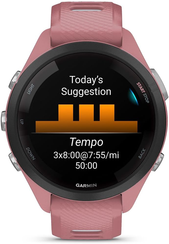 Garmin 010-02810-05 Forerunner 265S GPS Smartwatch Light Pink/Whitestone Bundle with Deco Essentials Charging Dock, Silicone Dust Cover 3 Pack and USB Type C Charging Cable