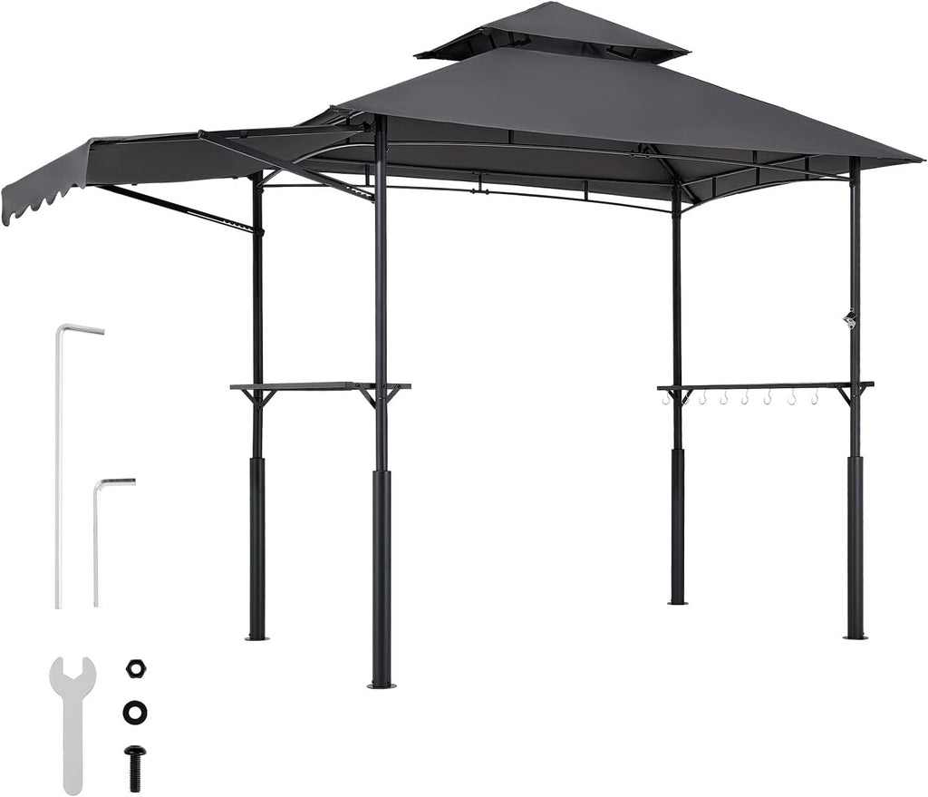 VEVOR Grill Gazebo, 8 x 5 ft Double-Tiered Top, Reinforced BBQ Gazebo with Extra Awning, Powder-Coated Steel Patio Grill Shelter with 2 Side Shelves & Hooks, Outdoor Grilling Canopy for Garden