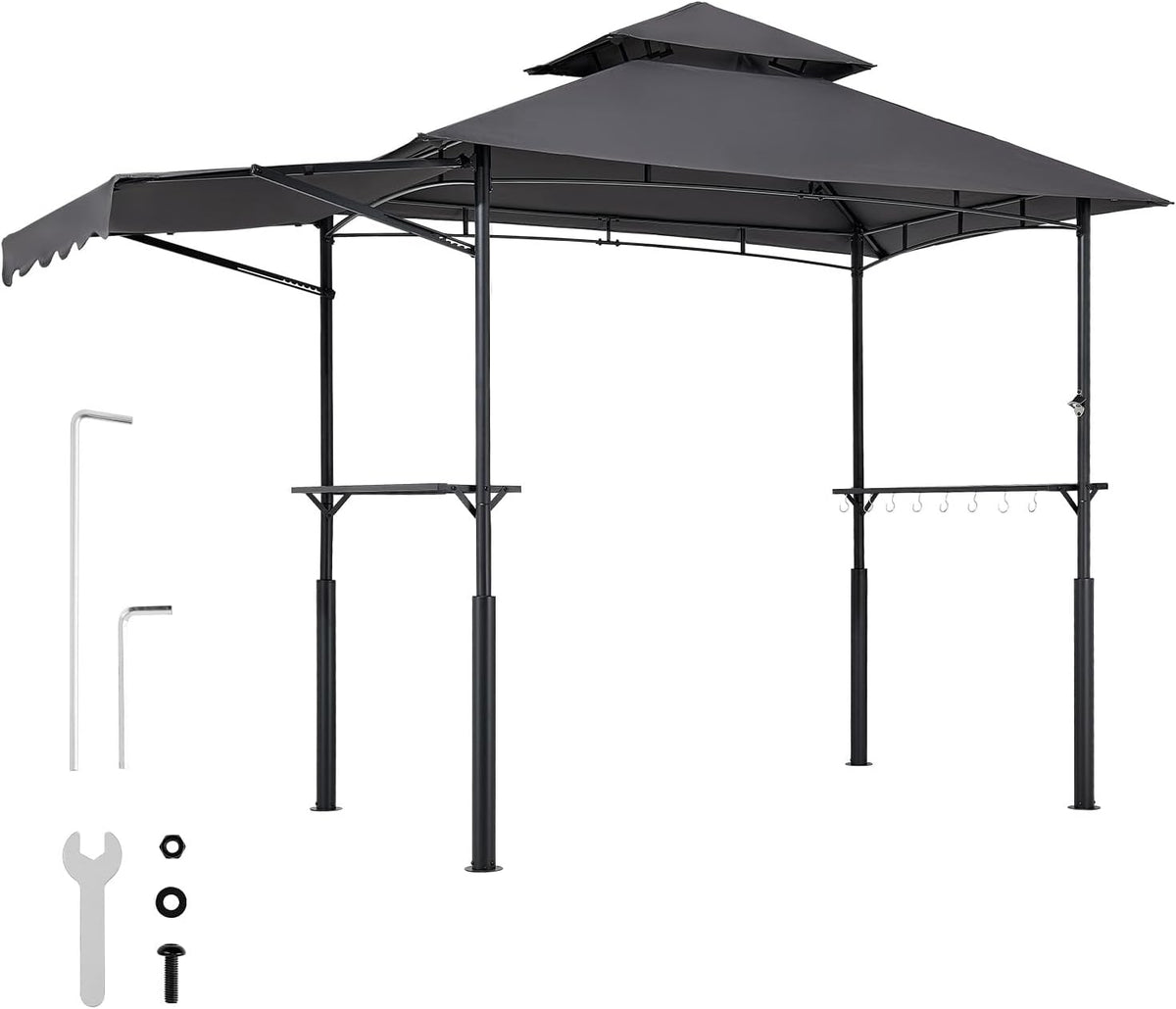 VEVOR Grill Gazebo, 8 x 5 ft Double-Tiered Top, Reinforced BBQ Gazebo with Extra Awning, Powder-Coated Steel Patio Grill Shelter with 2 Side Shelves & Hooks, Outdoor Grilling Canopy for Garden