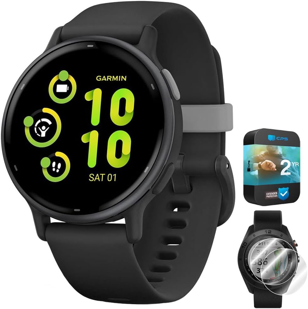 Garmin 010-02862-10 Vivoactive 5 Fitness Smartwatch, Black | Official USA Partner Model | Bundle with Deco Essentials 2-Pack Screen Protector and 2 YR CPS Enhanced Protection Pack