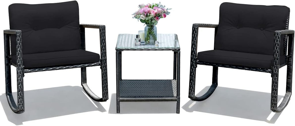 COSTWAY 3 Pieces Patio Rattan Rocking Chair Set, Outdoor Conversation Furniture Sets with Coffee Table, Storage Shelf and Cushions, Modern Bistro Set for Porch, Backyard, Garden, Black