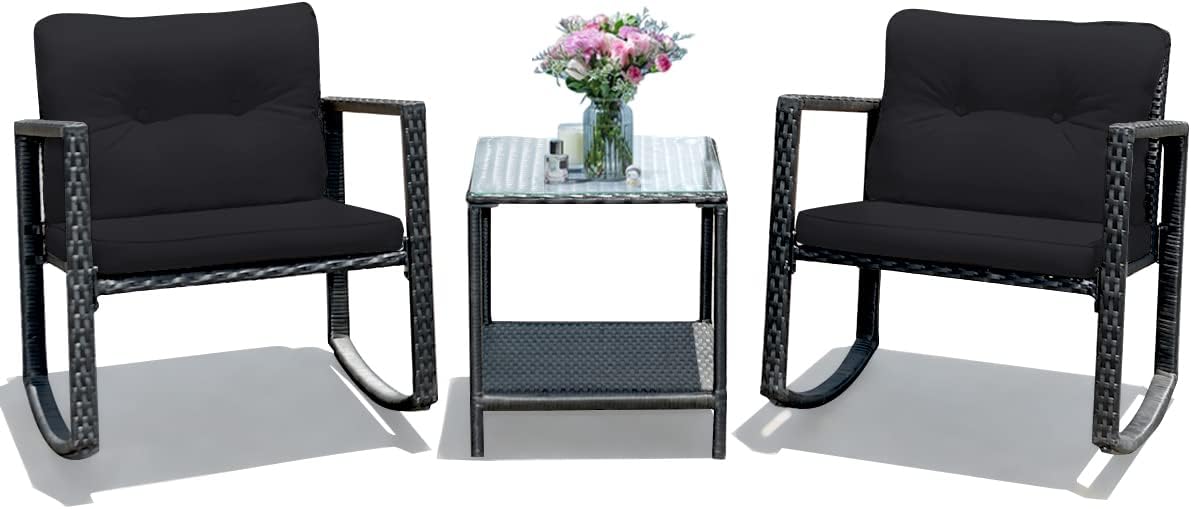 COSTWAY 3 Pieces Patio Rattan Rocking Chair Set, Outdoor Conversation Furniture Sets with Coffee Table, Storage Shelf and Cushions, Modern Bistro Set for Porch, Backyard, Garden, Black