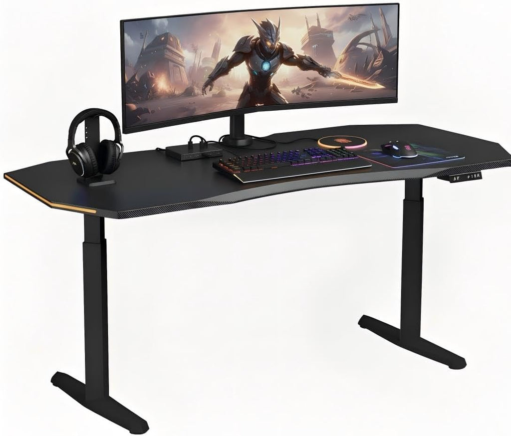 HUANUO Standing Desk with LED Strip, 63' × 31.5' Height Adjustable RGB Gaming Desk, Large Dual-Motor Electric Sit Stand Desk, Sturdy Steel Frame, Modern E-Sports Workstation,for Home Office,Black