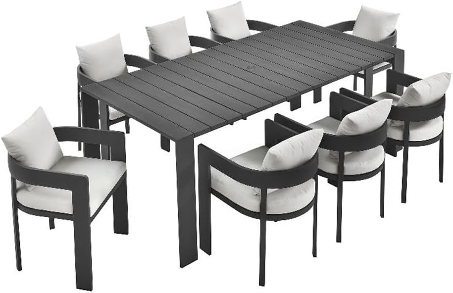 Modway Tahoe Outdoor Patio Powder-Coated Aluminum 9-Piece Dining Set in Gray White - Rectangular Patio Furniture Set for 8 - Outside Table with Umbrella Hole and Cushioned Chairs - Modern Patio Set