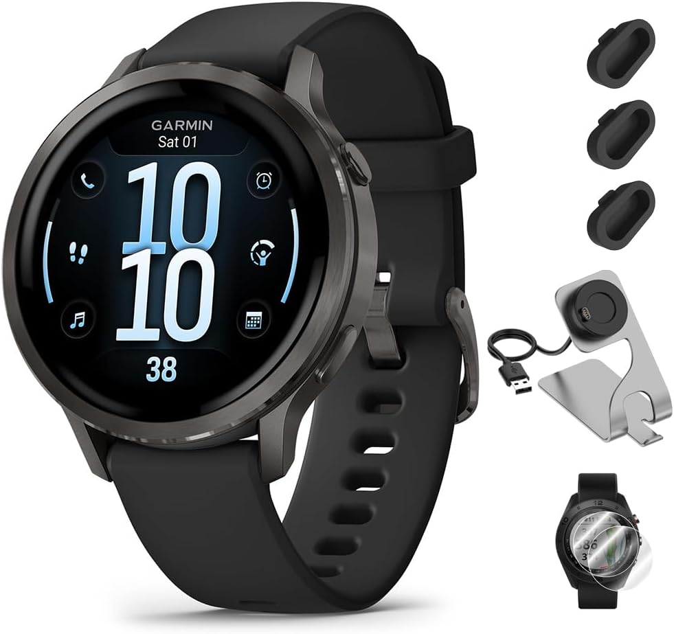 Garmin Venu 4 (41mm) GPS Smartwatch Slate with Black Silicone Band Bundle w/Deco Essentials Charging Dock, 3-Pack Dust Covers & 2-Pack 1.2' Screen Protectors