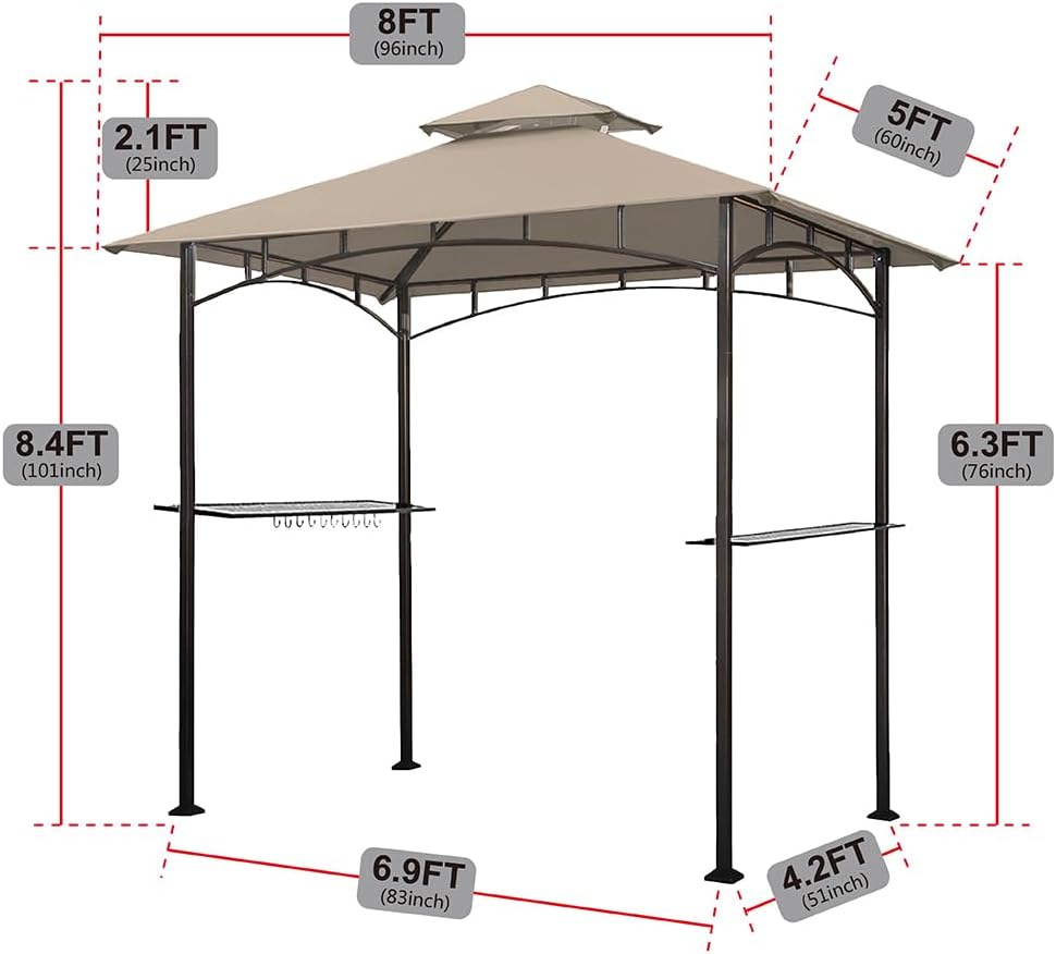 Eurmax USA 5x8 Grill Gazebo Shelter for Patio and Outdoor Backyard BBQ's, Double Tier Soft Top Canopy and Steel Frame with Bar Counters, Bonus LED Light X2(Beige)