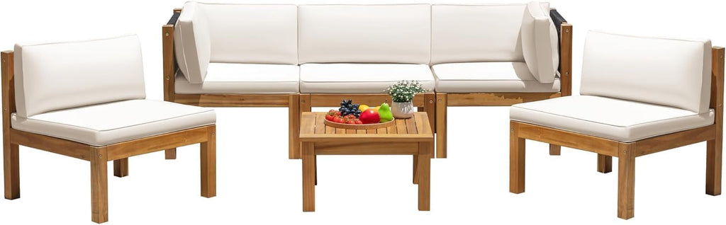 Greesum 6 Pieces Small Patio Sofa, Acacia Wood Frame, Padded Patio Conversation and Chairs Set for Garden, Backyard, Poolside, Beige
