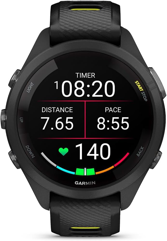 Garmin 010-02810-03 Forerunner 265S GPS Smartwatch Black/Amp Yellow Bundle with Deco Essentials Charging Dock, Silicone Dust Cover 3 Pack and USB Type C Charging Cable