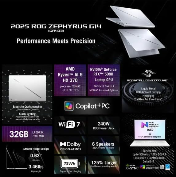 ASUS ROG Zephyrus G14 14' 3K OLED 120Hz Gaming Laptop Copilot+ PC AMD Ryzen AI 9 HX 370 RTX 5080 32GB RAM 2TB SSD Platinum White