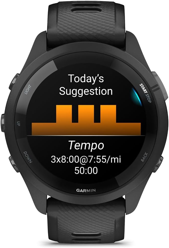 Garmin 010-02810-00 Forerunner 265 GPS Smartwatch Black/Powder Gray Bundle with Deco Essentials Exclusive CPS 26 Month Protection Pack