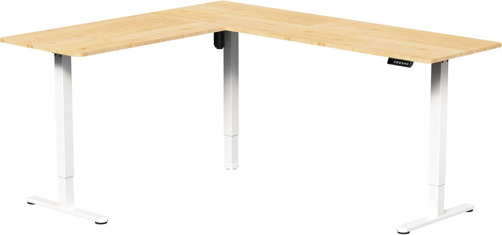 VIVO Corner Standing Desk, 75 x 63 inch Reversible L-Shaped Workstation, Electric Height Adjustment, Home, Office, and Reception Rooms, Real Bamboo Table Top White Frame, DESK-E3CTWO-75