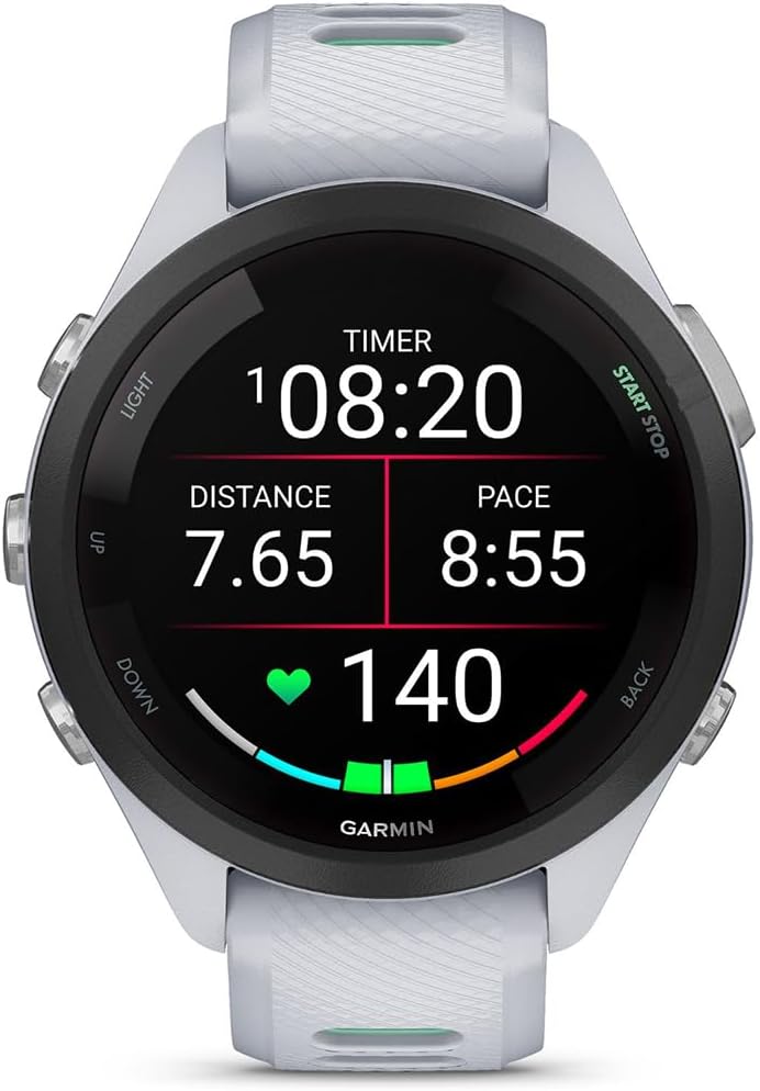 Garmin 010-02810-04 Forerunner 265S GPS Smartwatch Whitestone/Neo Tropic Bundle with Deco Essentials Charging Dock, Silicone Dust Cover 3 Pack and USB Type C Charging Cable