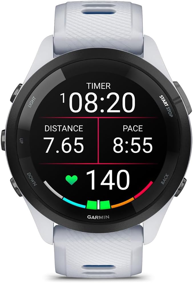 Garmin 010-02810-01 Forerunner 265 GPS Smartwatch Whitestone/Tidal Blue | Official USA Partner Model | Bundle with Deco Essentials Exclusive 26 Month CPS Enhanced Protection Pack