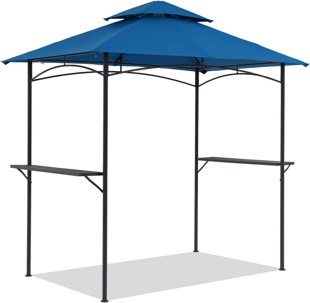 COBANA Grill Gazebo 8'x 5' Outdoor Patio Backyard BBQ Grill Shelter Double Tiered Soft Canopy Top with Steel Frame and Bar Counters, Blue