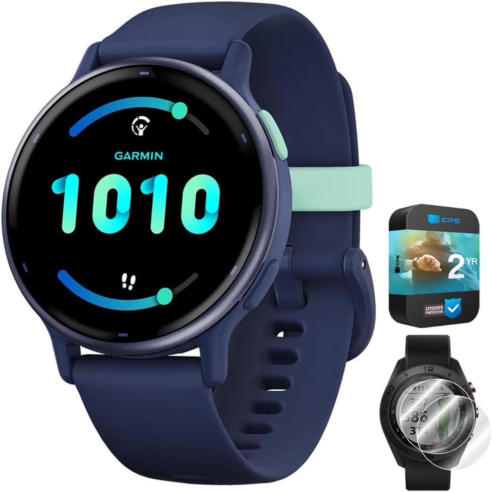 Garmin 010-02862-12 Vivoactive 5 Fitness Smartwatch, Navy | Official USA Partner Model | Bundle with Deco Essentials 2-Pack Screen Protector and 2 YR CPS Enhanced Protection Pack