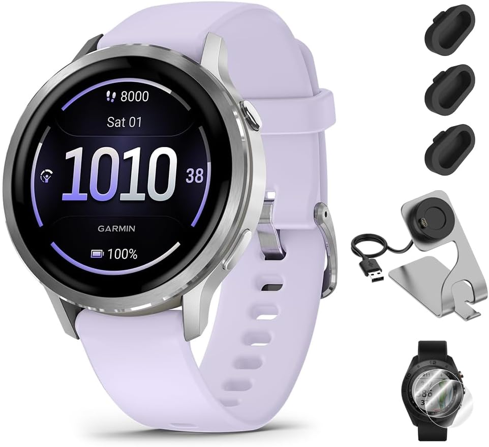 Garmin Venu 4 (41mm) GPS Smartwatch Silver with Periwinkle Silicone Band Bundle w/Deco Essentials Charging Dock, 3-Pack Dust Covers & 2-Pack 1.2' Screen Protectors