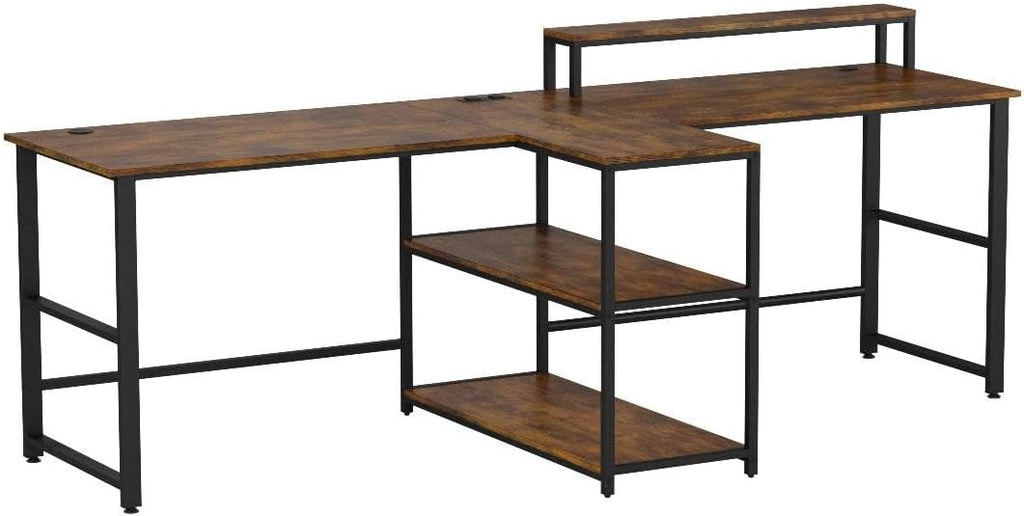 SEDETA 94.5' Home Office Desks, Computer Gaming Desk with Storage, LED Lights, Power Strip with USB, Keyboard Tray & Monitor Stand, Extra Long Double Desk for 2 Person, Rustic Brown
