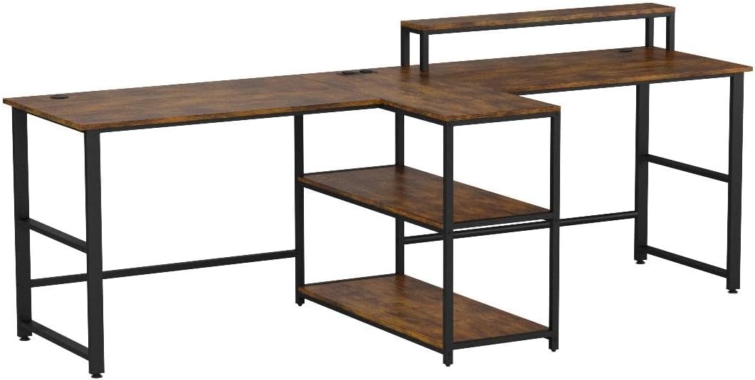 SEDETA 94.5' Home Office Desks, Computer Gaming Desk with Storage, LED Lights, Power Strip with USB, Keyboard Tray & Monitor Stand, Extra Long Double Desk for 2 Person, Rustic Brown