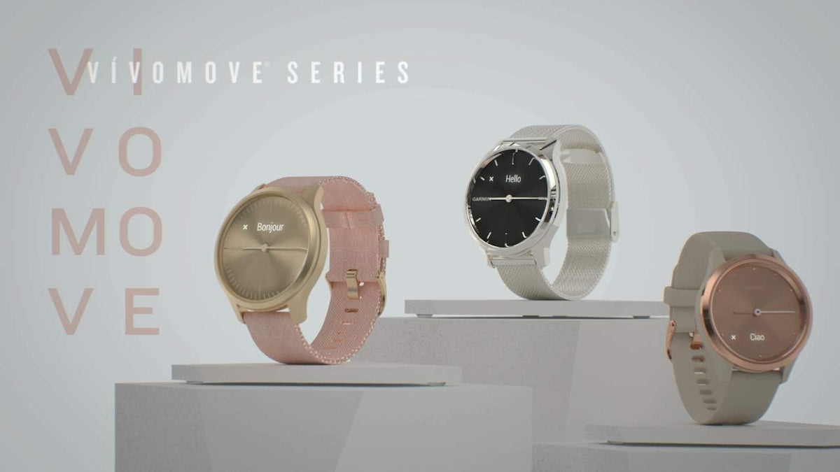 Garmin vivomove Style, Hybrid Smartwatch with Real Watch Hands and Hidden Color Touchscreen Displays, Gold with Pink Woven Nylon Band (Renewed)