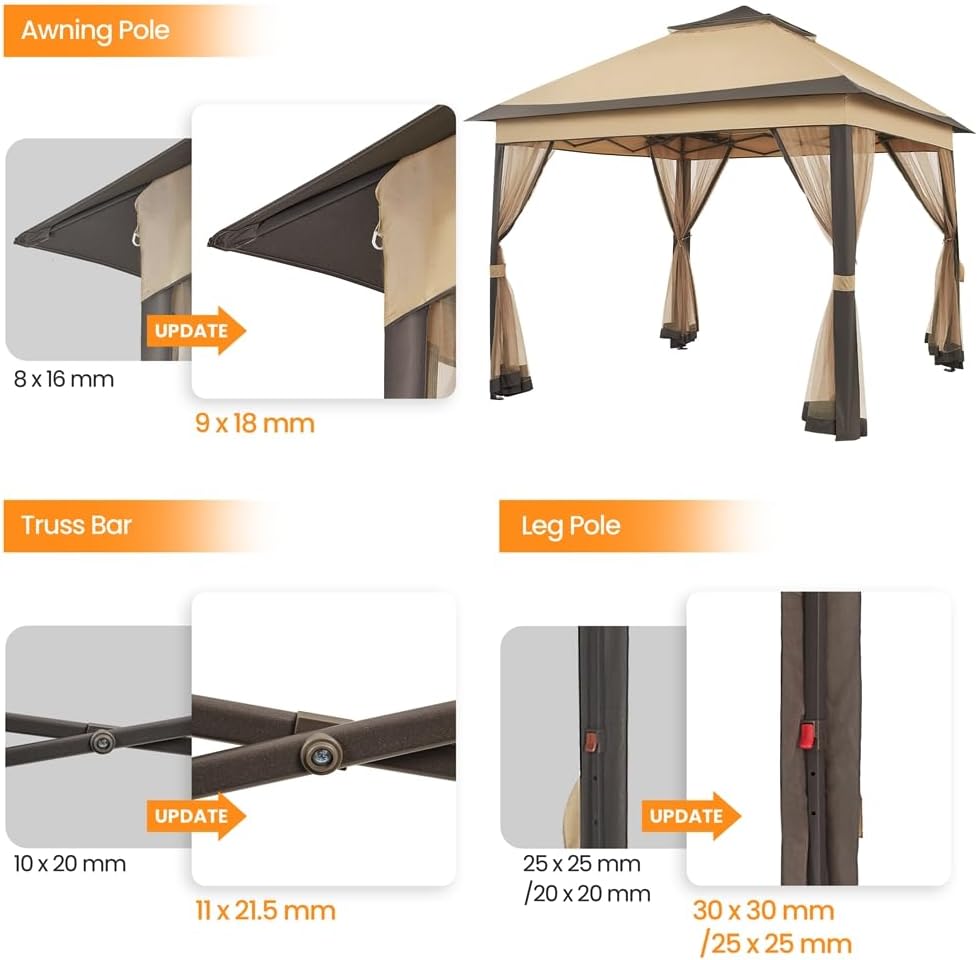 Yaheetech 11x11 Pop Up Gazebo Outdoor Canopy Shelter, Instant Patio Gazebo Sun Shade Canopy Tent with 4 Sandbags, Double Tiers & Mesh Netting for Lawn, Garden, Backyard & Deck, Khaki