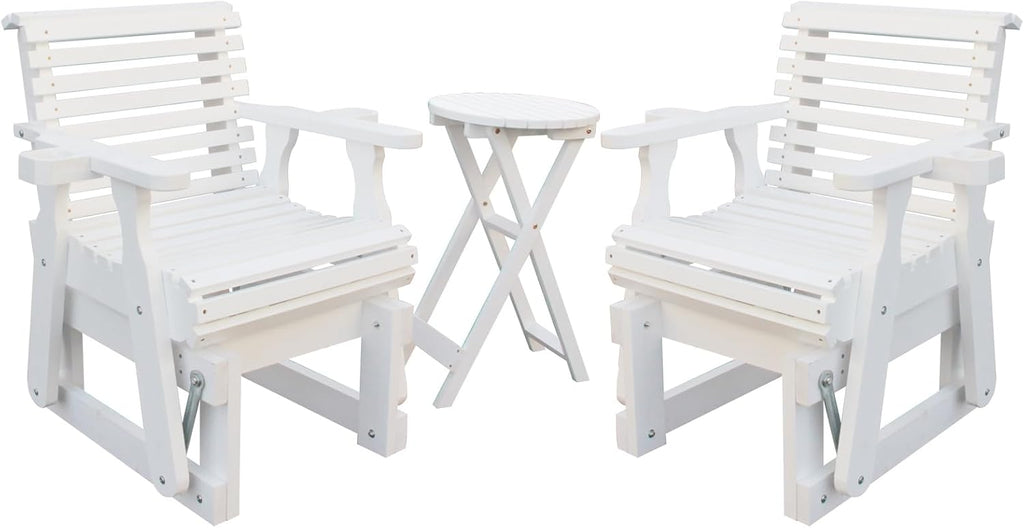 Outdoor Glider Chair,2-Seater Wooden Glider Patio Furniture Set with Table, Cupholder, High Back and Deep Contoured Seater, for Porch, Patio and Balcony, White