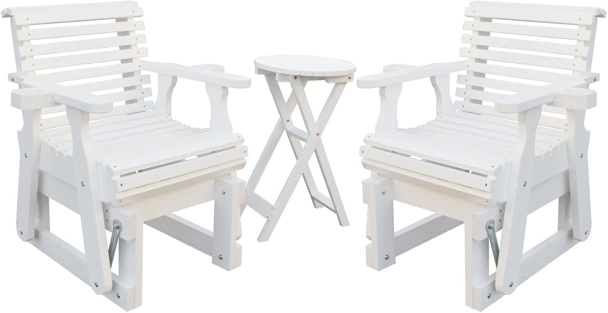 Outdoor Glider Chair,2-Seater Wooden Glider Patio Furniture Set with Table, Cupholder, High Back and Deep Contoured Seater, for Porch, Patio and Balcony, White