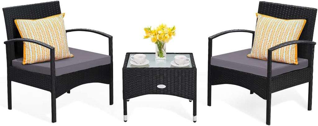 Tangkula 3 Pieces Patio Wicker Rattan Furniture Set, Rattan Chair with Coffee Table, High Load Bearing Chair Conversation Sets for Patio Garden Lawn Backyard Pool